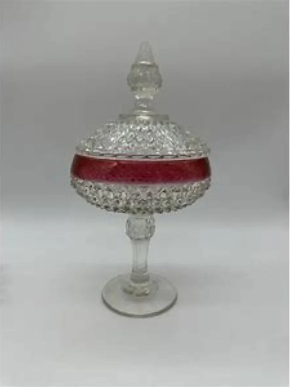 VTG Indiana Glass Clear & Cranberry Diamond Point Pedestal Lidded Candy Dish